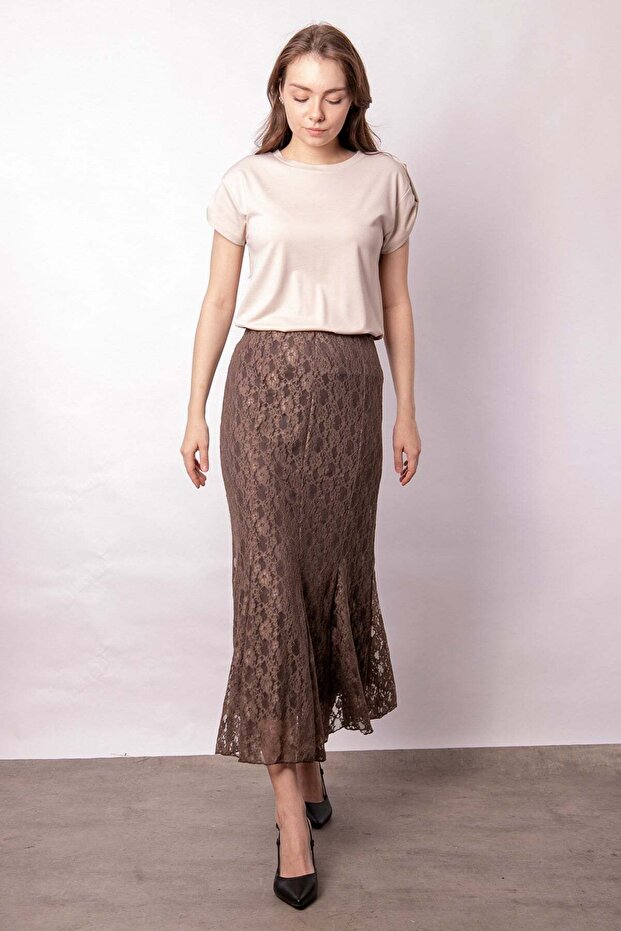 Women's Lined Lace-Tulle High Waist Slim Fit Long Below Knee Fish Cut Skirt-Mink Pattern