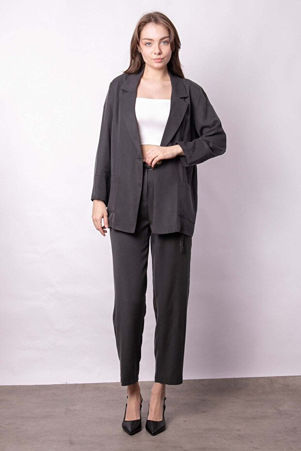 Women's Spring Fabric Relaxed Fit Collared Pocketed Folded Sleeve Boyfriend Blazer Jacket-Anthracite