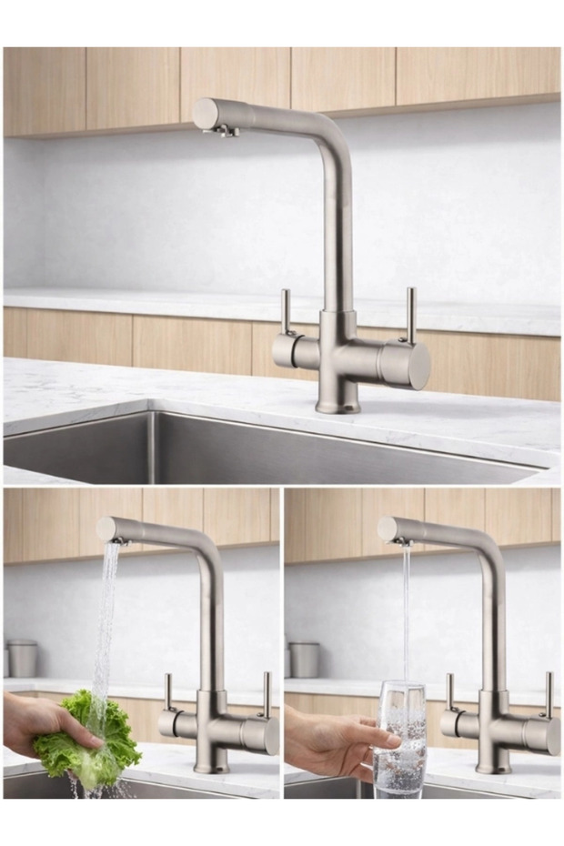 Purified Kitchen Faucet with 3 Outlets Matte Silver Brass Faucet