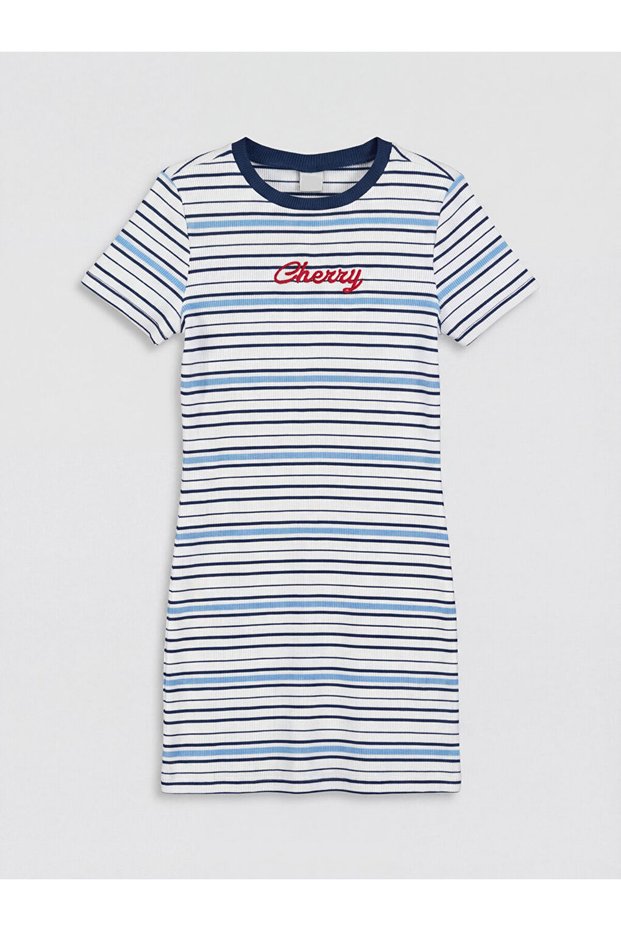 Lcw Kids Navy Blue Striped Girls' Ribbed Dress