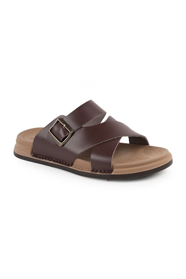 L014.253 Genuine Antique Leather Adjustable Buckle Cross-Strapped Anatomical Eva Sole Men's Slippers