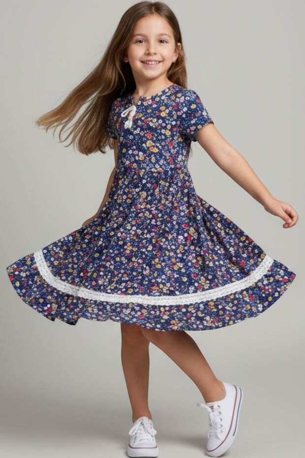 Girl's Pressed Scalloped Floral Patterned Navy Blue Summer Holiday Dress