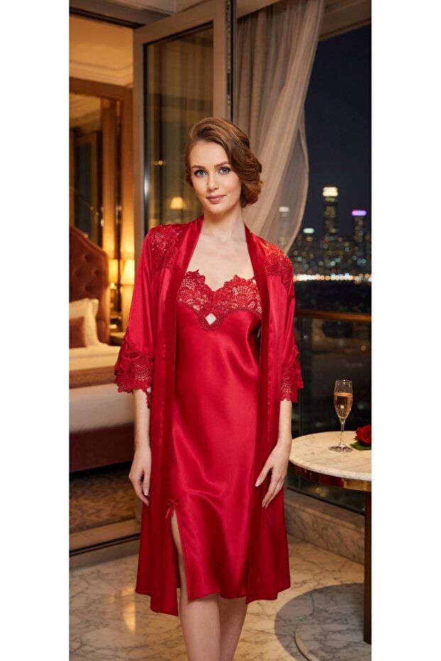 King Size Red Satin Nightgown Set – Comfortable Fit & Elegant Lace Touch
