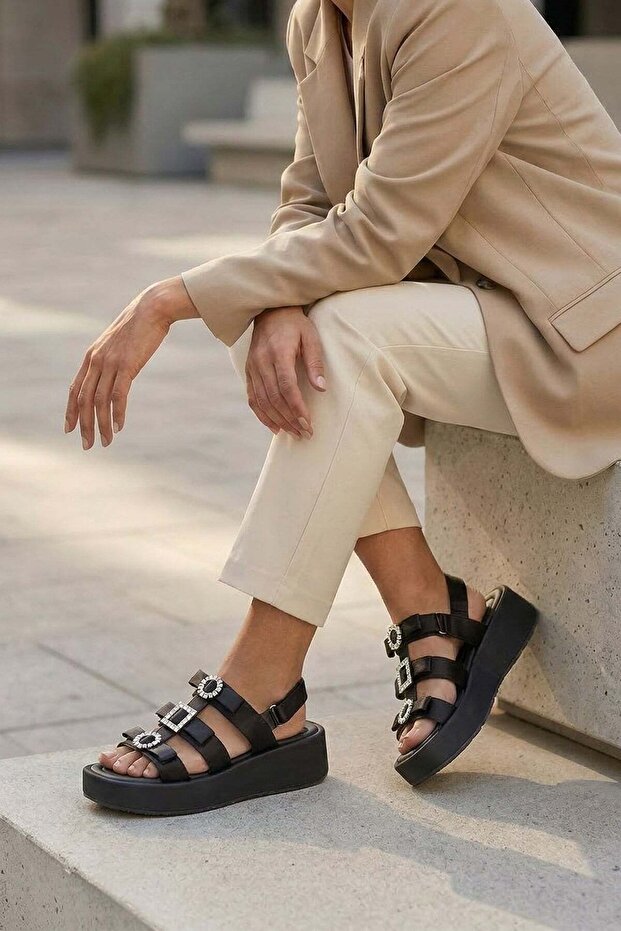 Dolly Original Kri̇stebell Imported Special Series Bow Stone Detail Women's Sandals Black