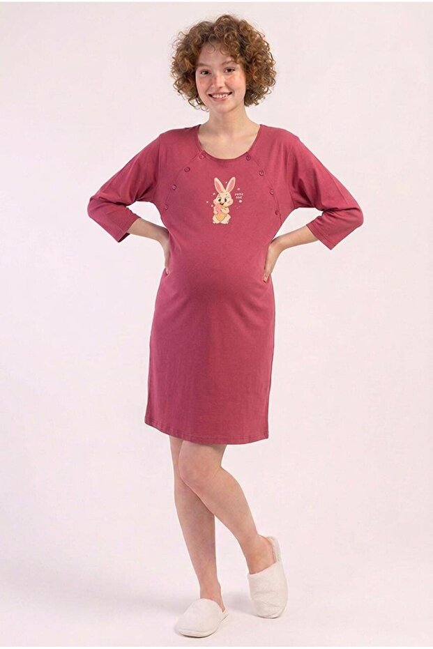 Printed Cotton Women's 3/4 Sleeve Maternity Nightgown C6T2N0O405