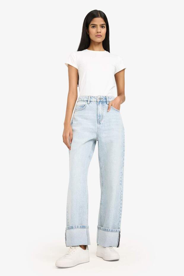 100% Cotton Relax Fit High Waist Straight Leg Long Jean Snow Washed Trousers G4930Ax26Sm