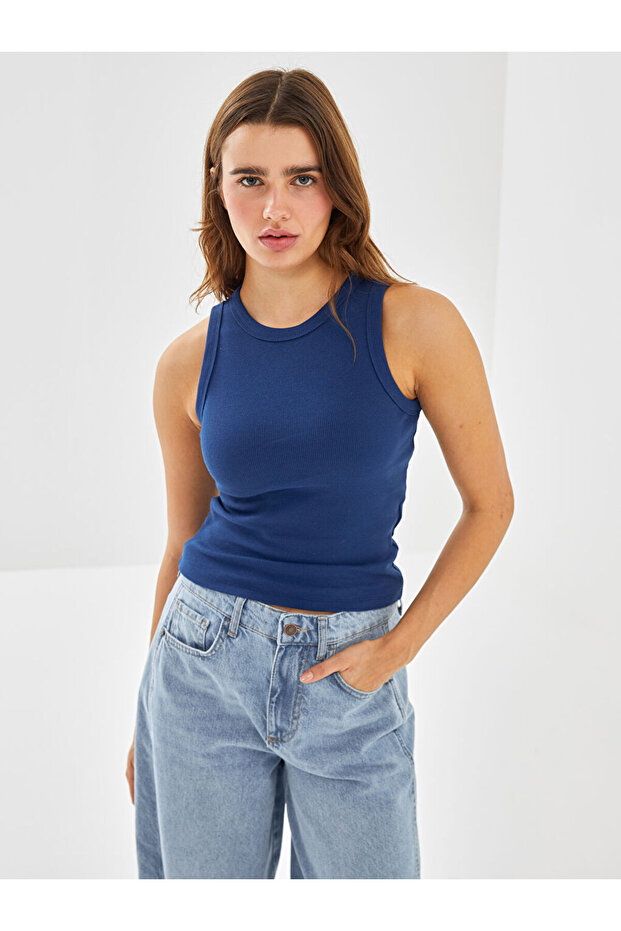 Navy Blue Crew Neck Textured Women's Undershirt