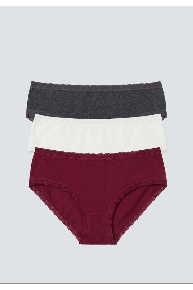 Women's Triple Cotton Hipster Panties 4378 Burgundy-Ecru-Anthracite Color