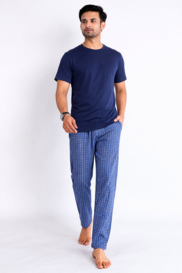 Navy Blue Checkered Short Sleeve Jersey Pyjamas Set (100% Cotton)