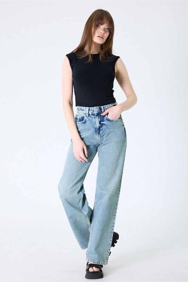 Women's Blue Random & Tint Washed Straight Fit Jean Pants – High Waist 100% Cotton Denim
