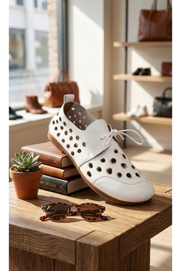Laser Cut Lace-Up Ballerina Women's Shoes (Genuine Leather)