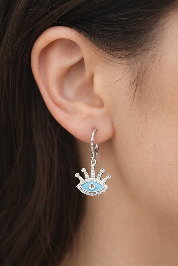 Silver Color Eye Figured Stone Detailed Earrings (Pair)
