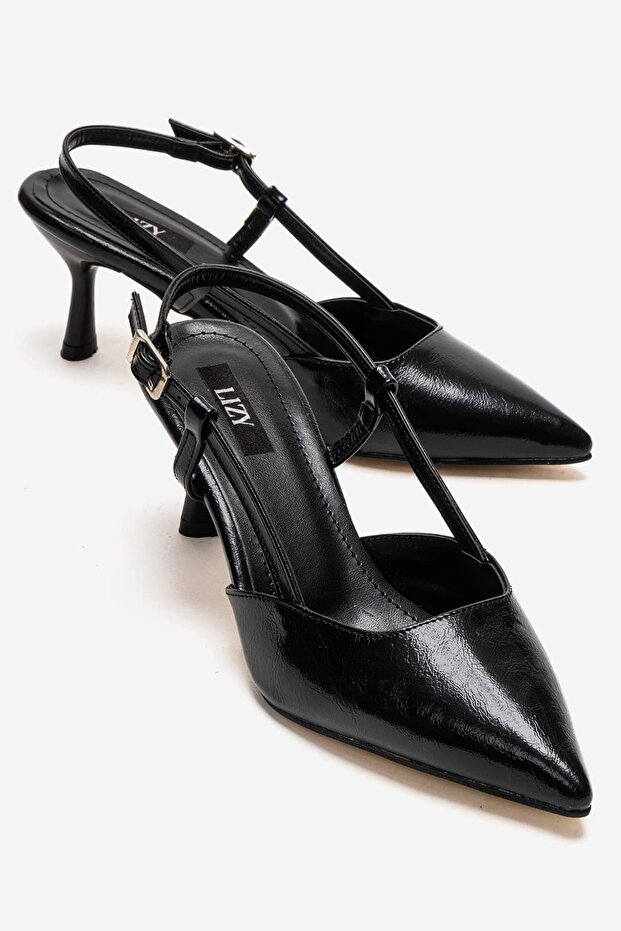 Women's Black Thin Strap Pointed Toe Elegant Stylish Shoes 6 cm Heeled