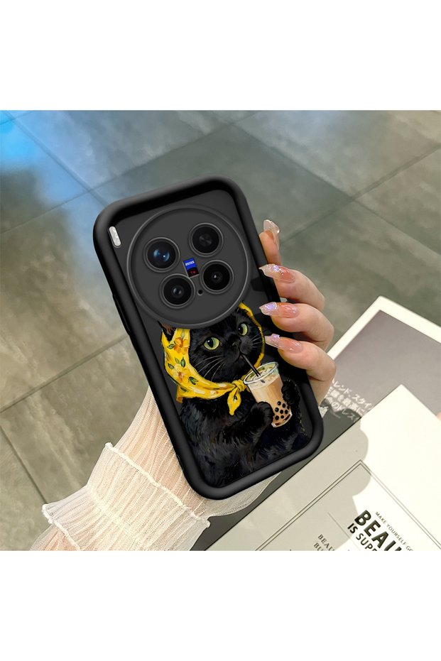 Vivo X300 Pro Compatible Silicone Shock-Absorbing Phone Case with Milk Tea and Cat Figures