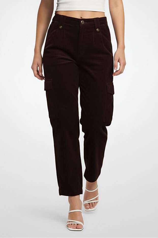 Women Regular Fit Corduroy Cargo Pants, Dark Brown