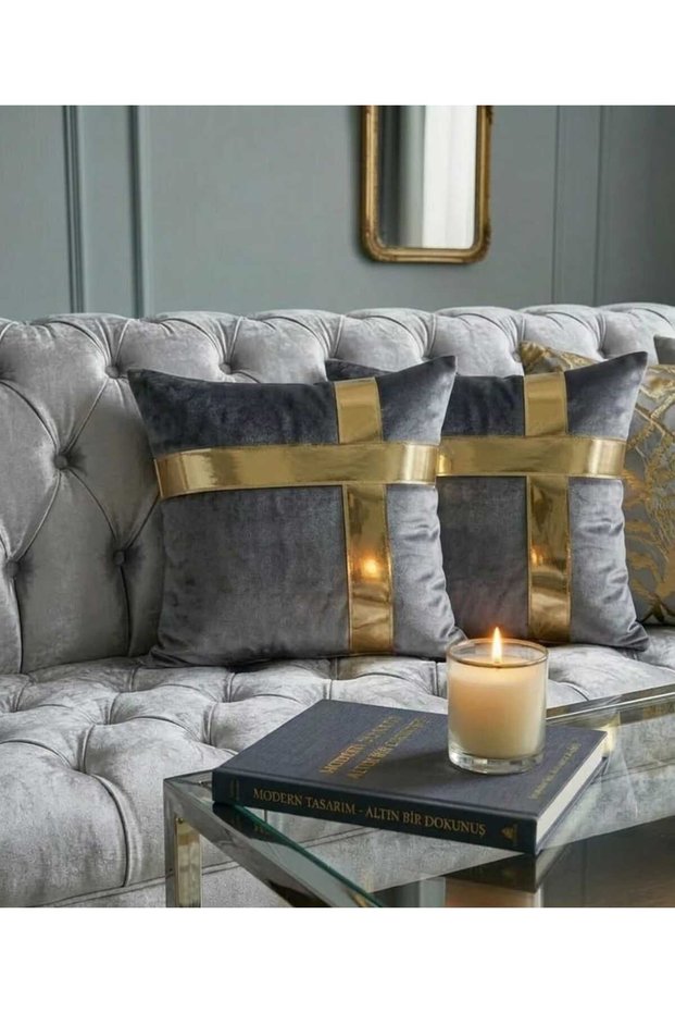 Set of 2 Velvet Cushion Covers - Modern Decorative Pillowcases with Shiny Leather Stripes (45X45 cm)