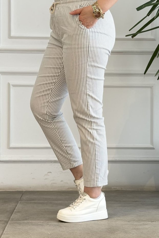 Double Leg Striped Trousers with Elastic Waist