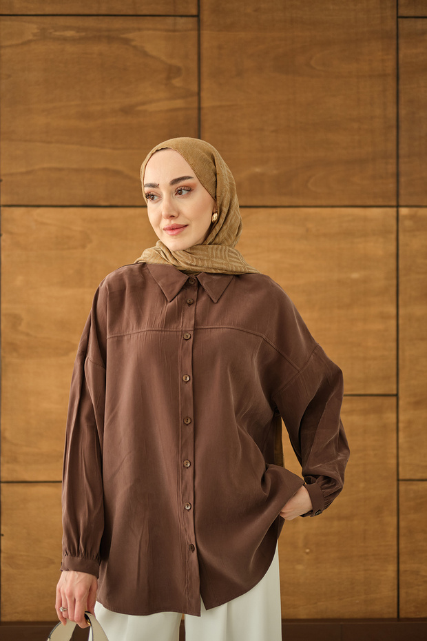 Women's Belted Waist Tie Shirt Brown