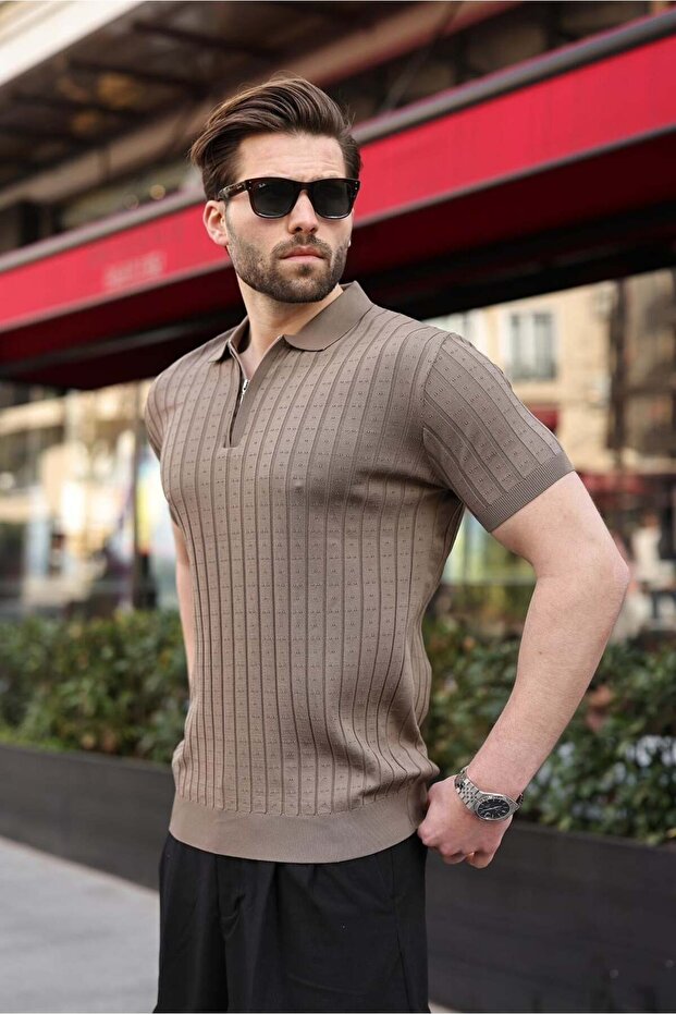 Light Brown Polo Collar Slim Fit Knitwear Men's T-Shirt E7465
