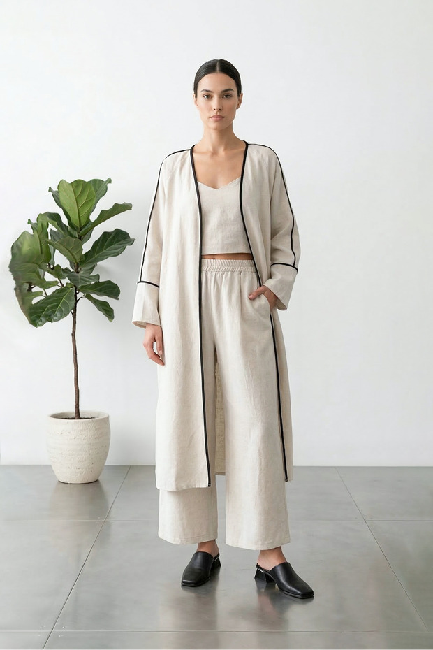 Beige Linen Black Piping Kimono Pants Set