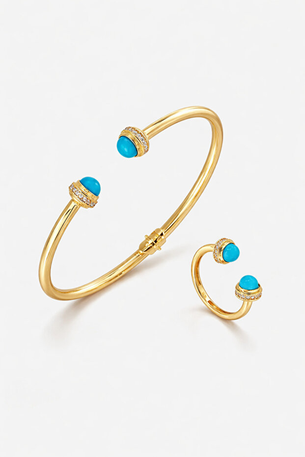 Gold-Tone Blue Stone Open Bangle and Adjustable Ring Set for Women