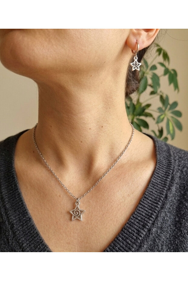 Spiral Star Charm Stainless Steel Chain Necklace and Earrings Set