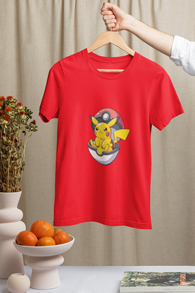 Pi̇ka Cartoon Character Printed Circular Neck Cotton Oversize Fit Unisex Short Sleeve Tshirt