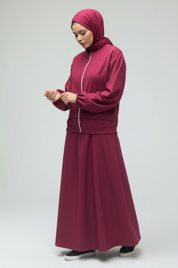 Women's Dress Wide Strap Jacket with Front Zipper and Elasticated Sleeves and Waist, Two-Piece Dress Set