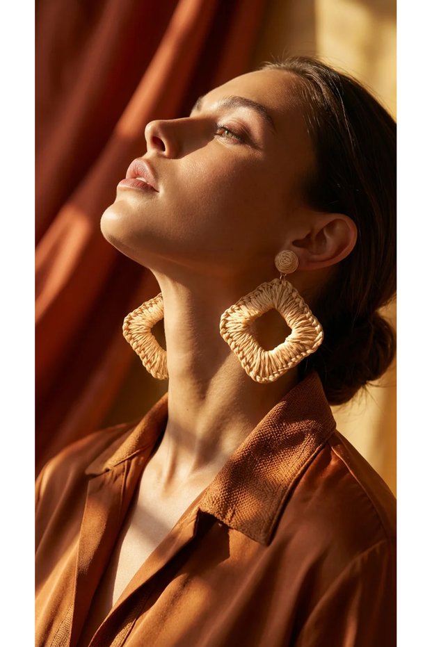 Wicker Women's Earrings Brown Dangle Geometric Shape Bohemian Summer Women's Earrings