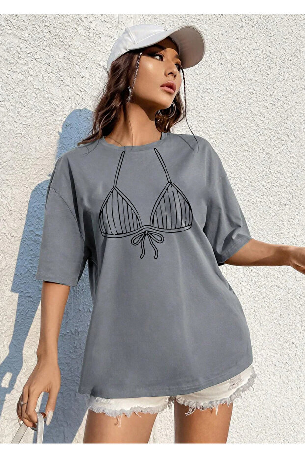 Bi̇ki̇ni̇ Üzüstü Special Design Printed Oversize Short Sleeve Women's Cotton Tshirt