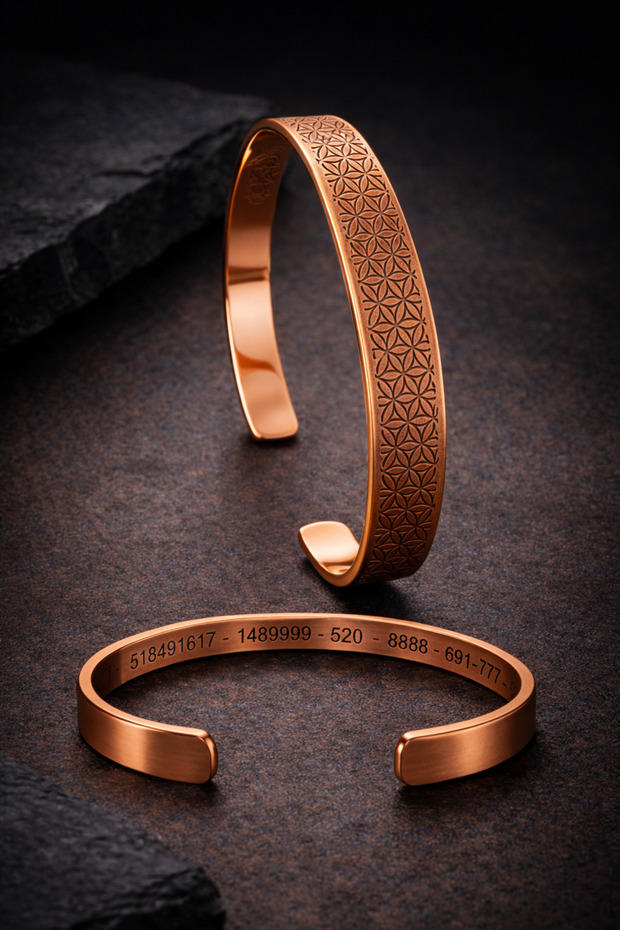 Men's and Women's Copper Bracelet with Pattern on the Top and Number Sequence on the Inside, Model Pure Copper Bracelet