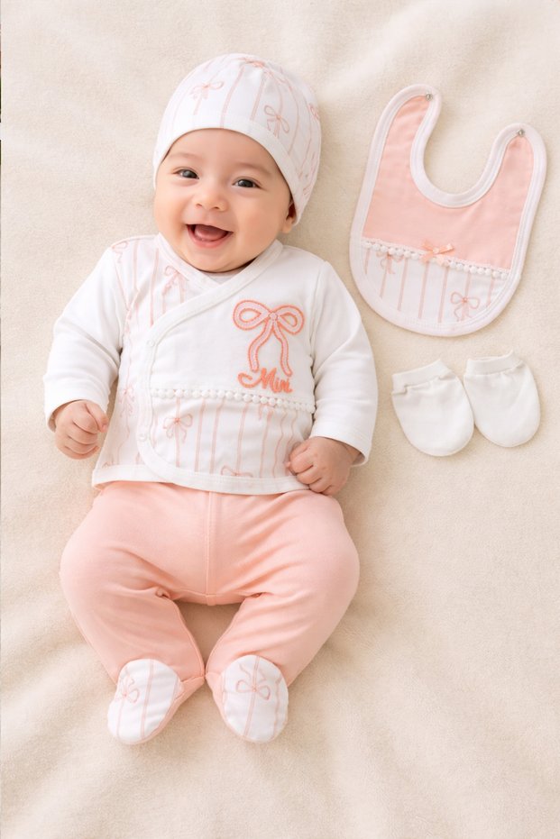 Baby Girl Bowknot Luxury Embellished Embroidered 5-Piece Hospital Release Newborn Set Stl7169
