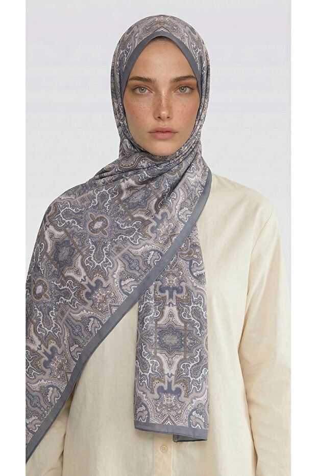 Lara Motif Patterned Cotton Shawl - Gray / Ecru
