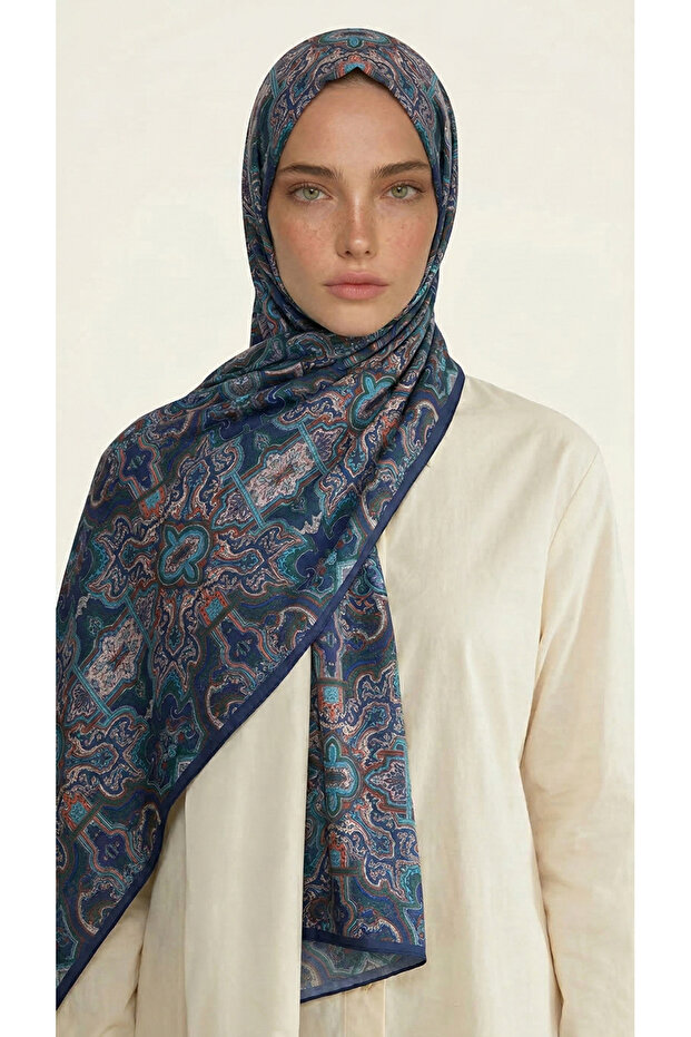 Lara Motif Patterned Cotton Shawl - Dark Blue / Taupe
