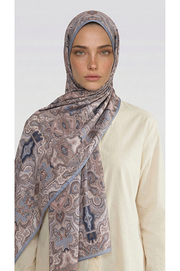 Lara Motif Patterned Cotton Shawl - Blue / Ecru