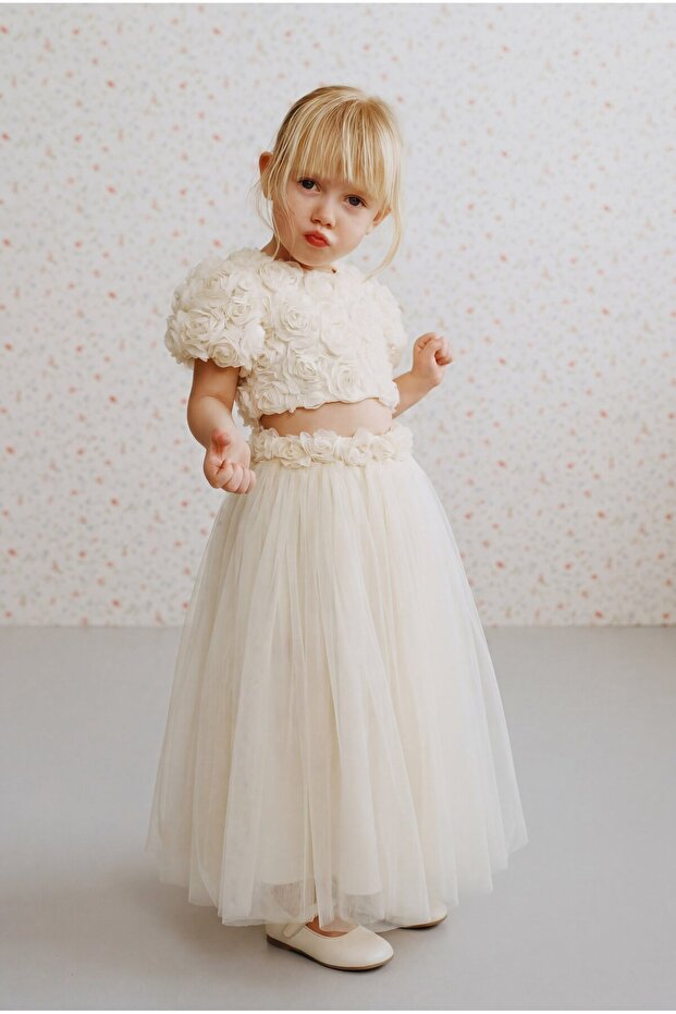 Girl's Cotton Ecru Rose Appliqué Blouse Skirt Set