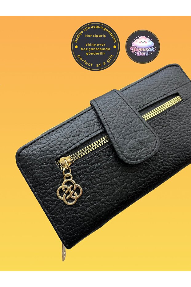 Black Soft Leather Women's Wallet Handbag with Gold Detail