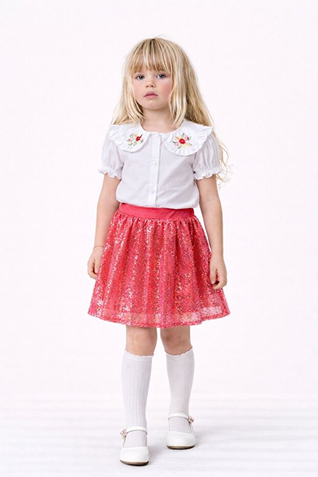 Girl's Inner Lined Glittery Sequined Skirt Embroidered Doll Collar Shirt Set