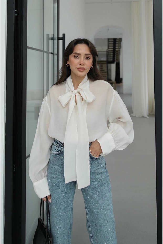 White Tie-Neck Blouse