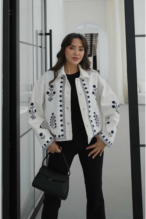 Ecru Snap Button Embroidered Jacket