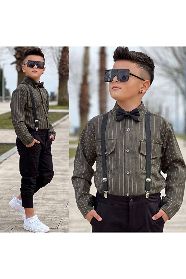 Boy's Striped Shirt and Pants with Bow Tie and Straps, 4-Piece Combination Set - Holiday Set