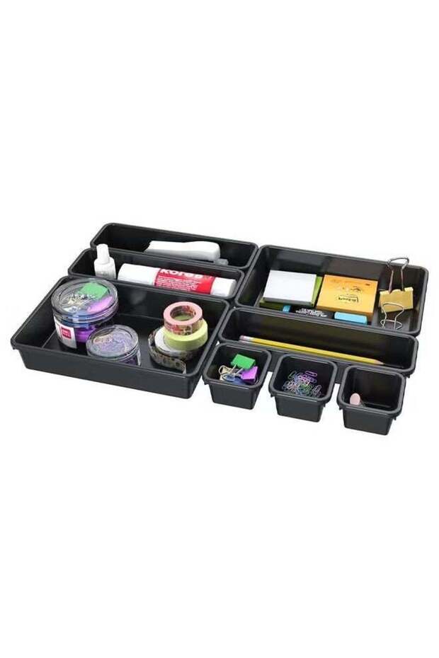 8 Pcs Plastic Drawer Organizer Trays,3 Sizes Interlocking Storage Bins for Makeup,Jewelry,Office and Kitchen,Black