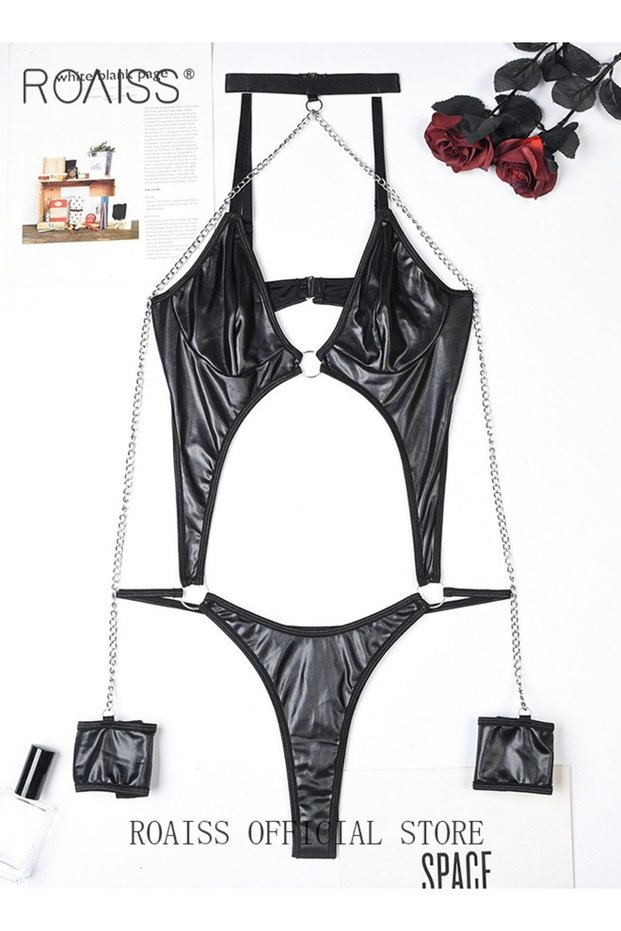 Women's Underwear Women's Patent Leather Underwear Chain Decorated with Lace Elements