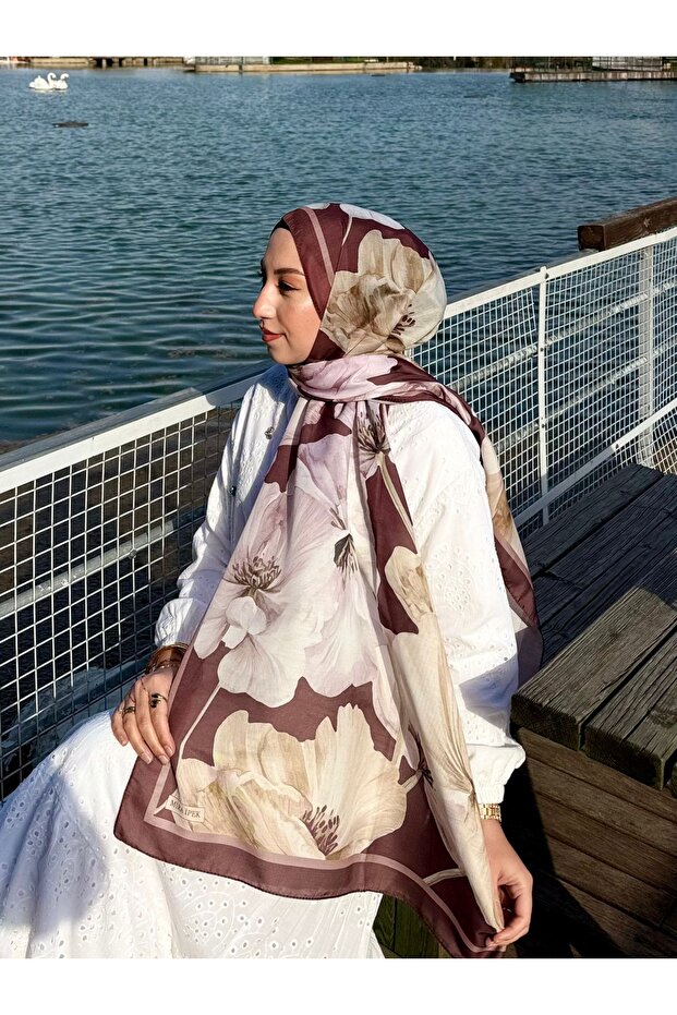 Mineşarpt Large Floral Patterned Shawl – Silk Texture, Non-Slip, & Stylish for Daily and Special Use, Brown/Beige