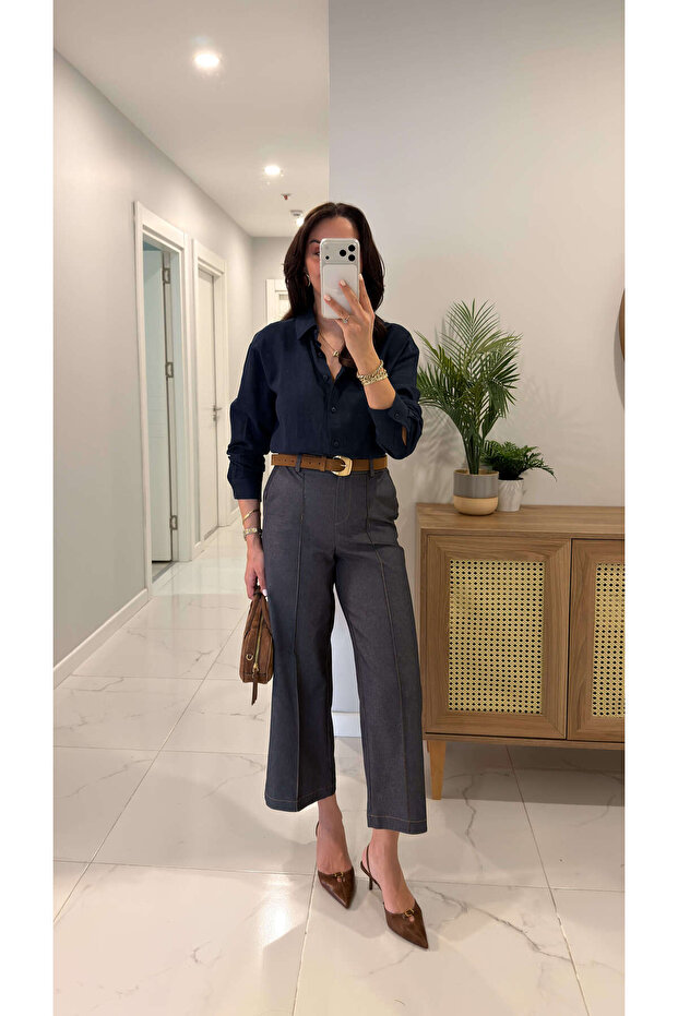 Prensla Anthracite Trousers with Stripes on the Front