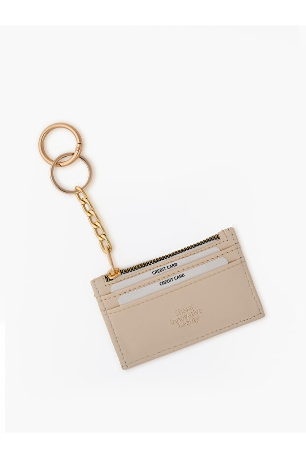 Cream Shk136 Faux Leather, Zippered, Five-Compartment Card Holder and Bag Charm