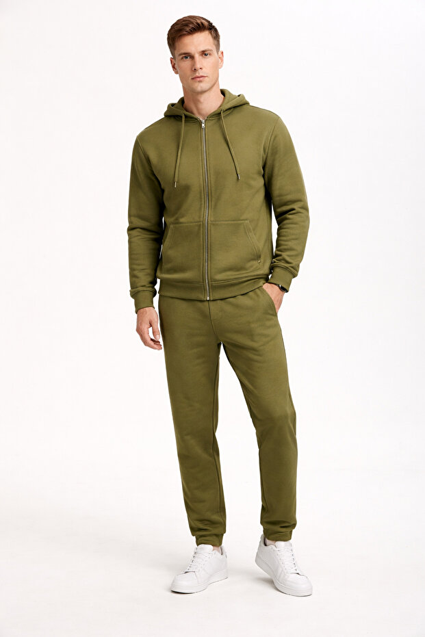 Men's Hooded Front Zipper Oversize Sweatshirt - Khaki