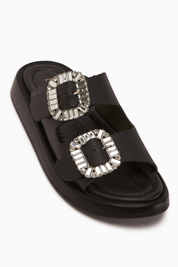Esila Genuine Leather Black Stone Women's Slippers