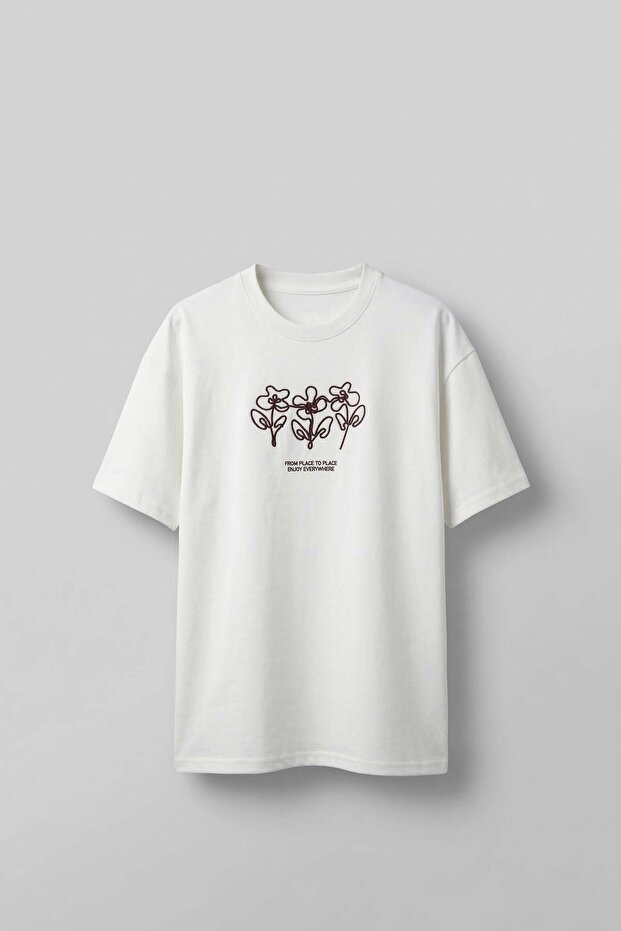 Men's Oversize Floral Embroidered T-Shirt White
