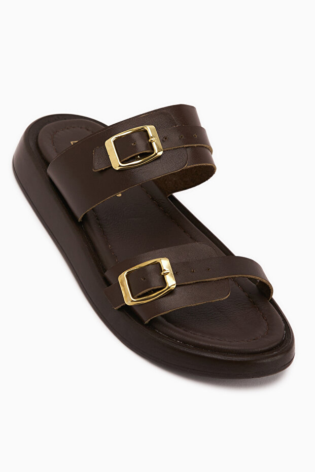 Matea Genuine Leather Brown Double-Strapped Women's Slippers